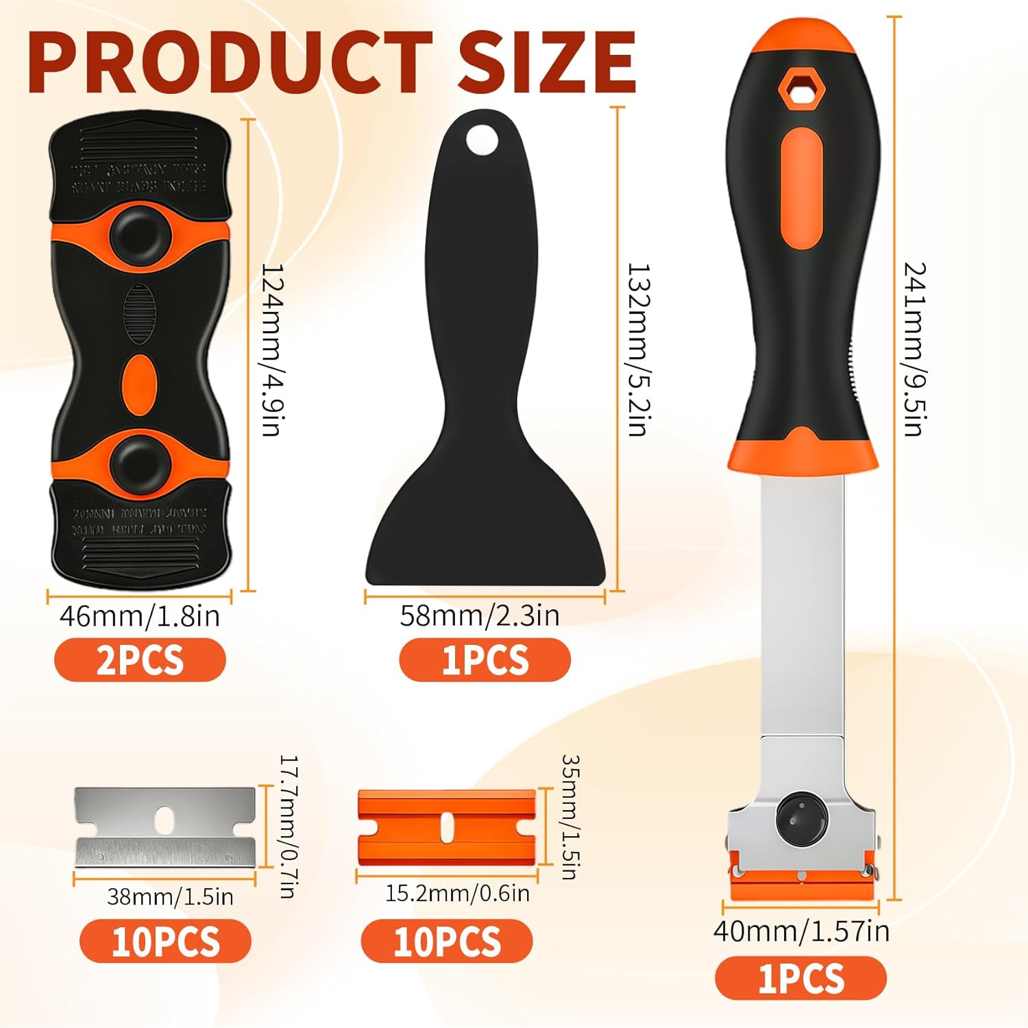 Razor Blade Scraper Tool -4 Pack Cleaning scrapper with 10 Metal & 10 Plastic Razor Blades Multi-Purpose Glass Scraper for Windows, Sticker, Decals, Cooktop, Paint Removal,Stovetop(Orange)