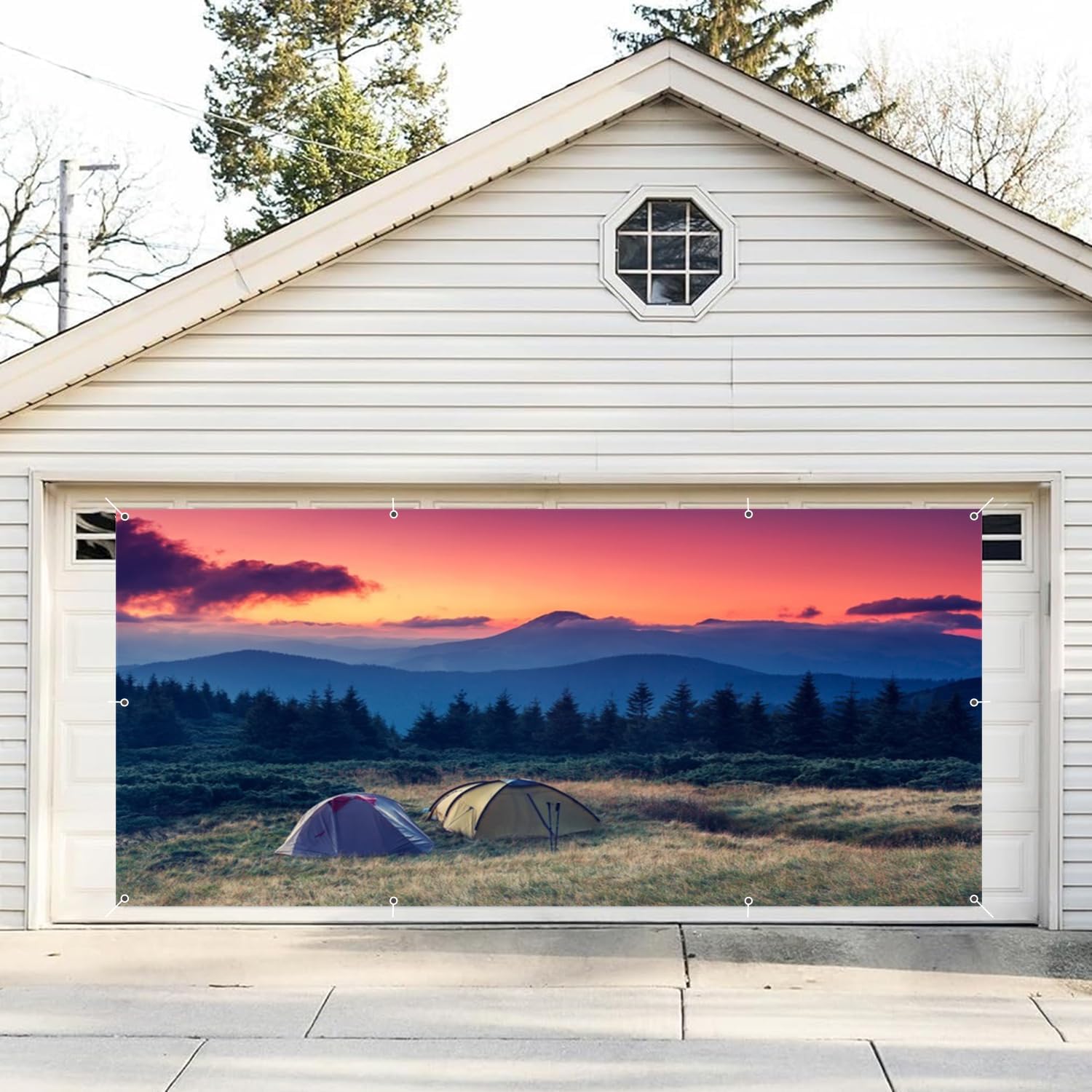 Forest Scene Camping Garage Door Cover Banner Decorations Backdrop 7x16ft Large Camping Tent Forest Sunrise Landscape Garage Door Cover Birthday Party Outdoor Adventure Garage Door Backdrop Decor