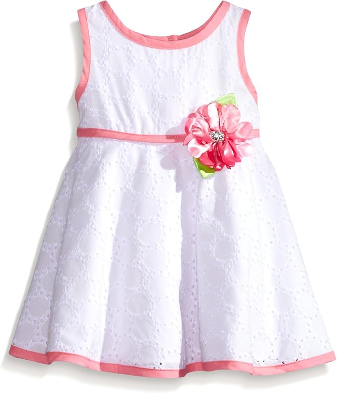 Youngland Baby Girls' Eyelet Dress A Line Dress, White/Pink, 24 Months Clothing