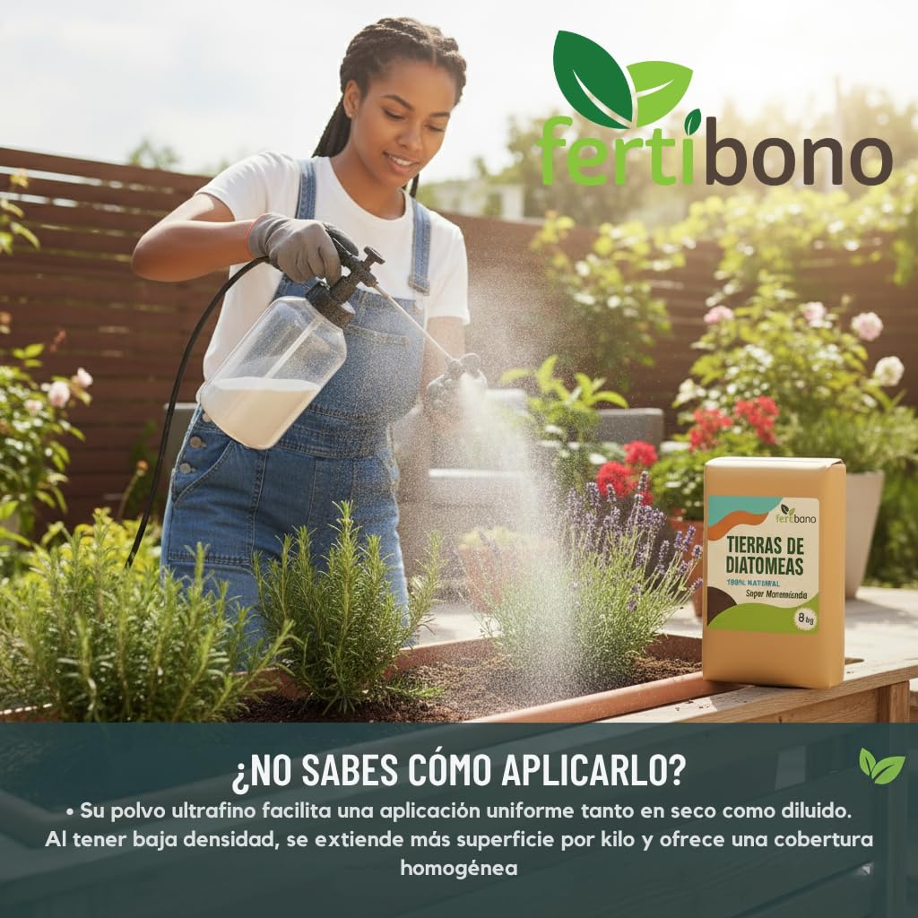 FERTIBONO Tierra de diatomeas 8 kg · Super micronizada · Multiusos para jardín, plantas y gallineros · Polvo natural fácil de aplicar