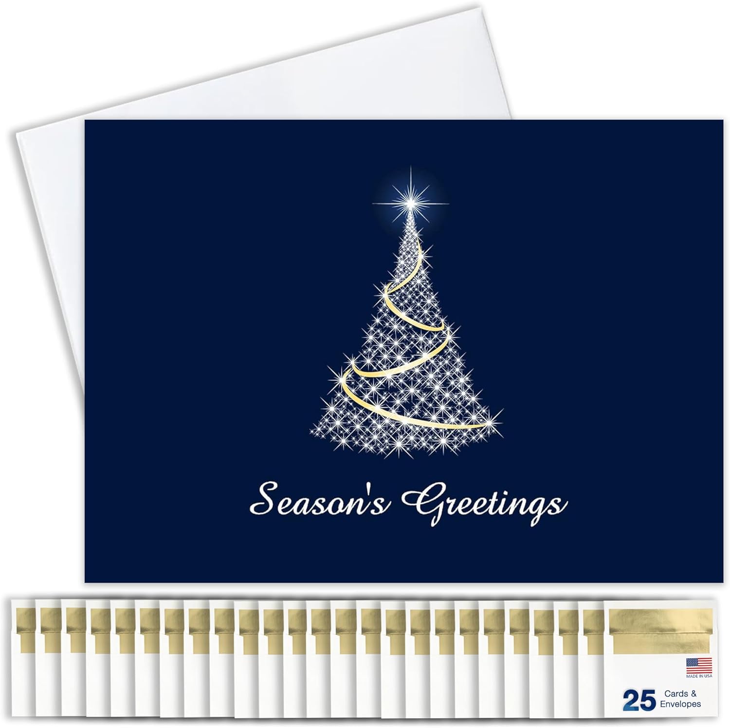 Season’s Greetings Cards for Business & Family (Twinkling Tree) Bulk Greeting Card Set Pack of 25 Christmas Cards with Envelopes (5x7 inch - A7) Great for Office, Work, Employees & Clients H1506