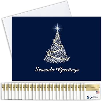 Seasons Greetings Cards for Business & Family Twinkling Tree Bulk Greeting Card Set Pack of 25 Christmas Cards with Envelopes 5x7 inch - A7 Great for Office, Work, Employees & Clients H1506
