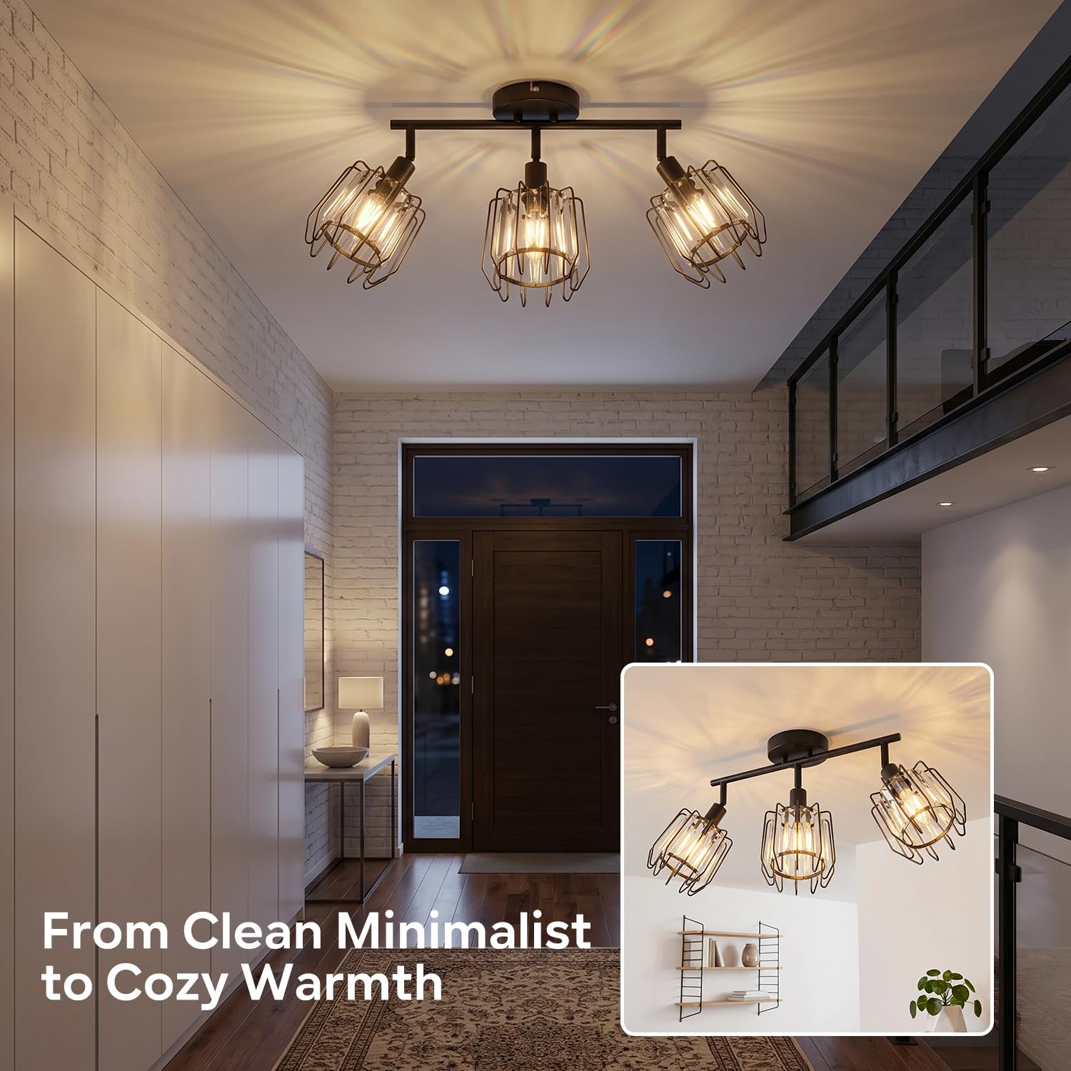 LVWIT Lampara Techo Con 3 Focos, Focos LED Interior Techo Giratorios E14, Lámparas de Techo Negro con Pantalla de Cristal, Foco de Interior Iluminación para Dormitorio,Pasillo, Recibidor(Sin Bombilla)