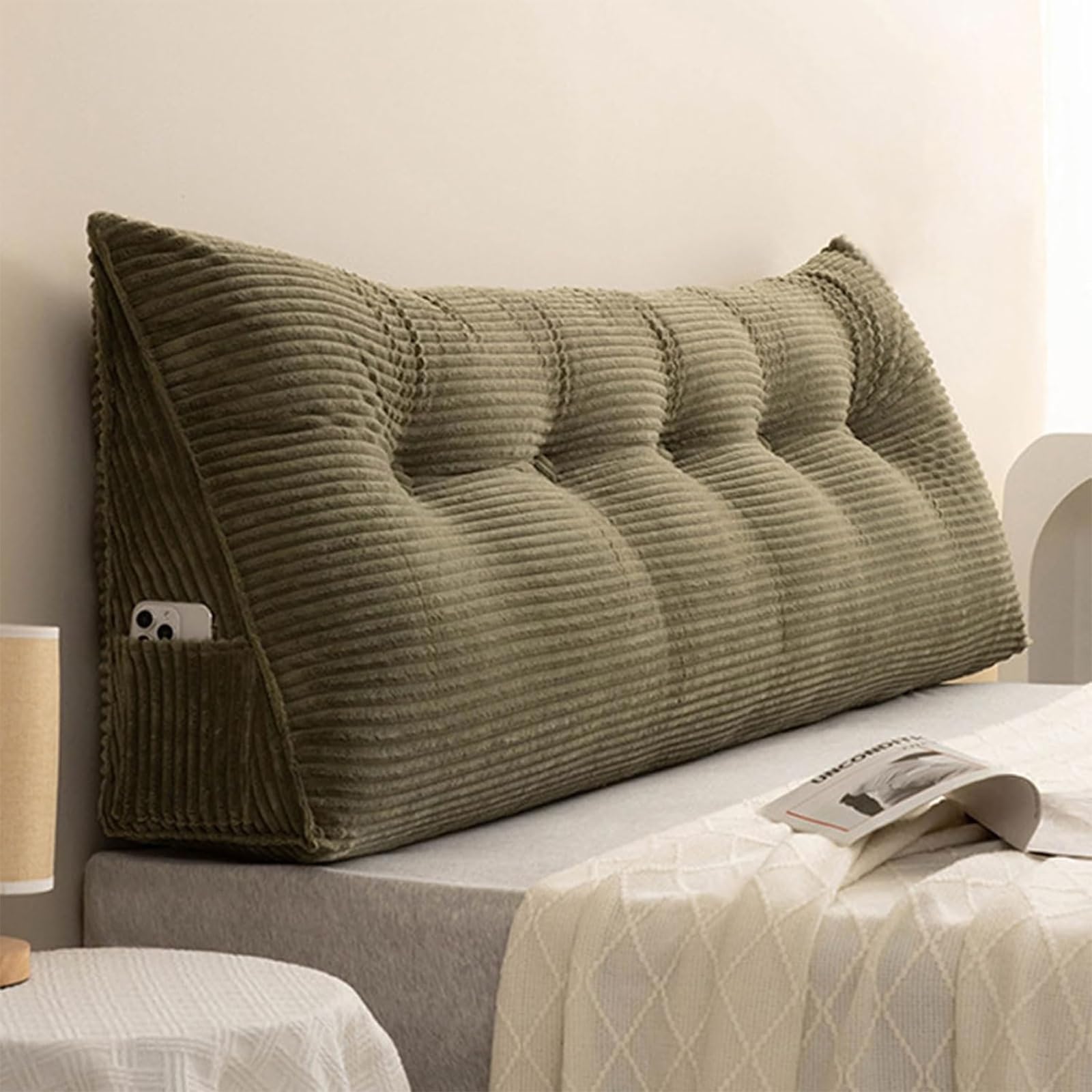 AIUTG Large Triangular Headboard Cushion, Corduroy Reading Pillow with Removable Washable Cover, Bed Backrest with Side Pocket, Support Cushion for Sofa(Vert,120x50x20cm)