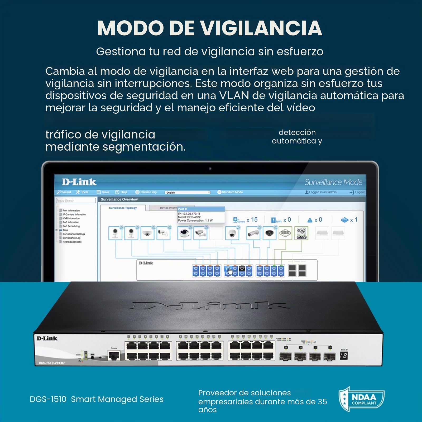 D-Link DGS-1510-28X - Switch 24 puertos Gigabit L2+ (funcionalidades L3) y 4 puertos 10G SFP+, apilable, altura 1U, VLAN automática para video vigilancia y telefonía IP