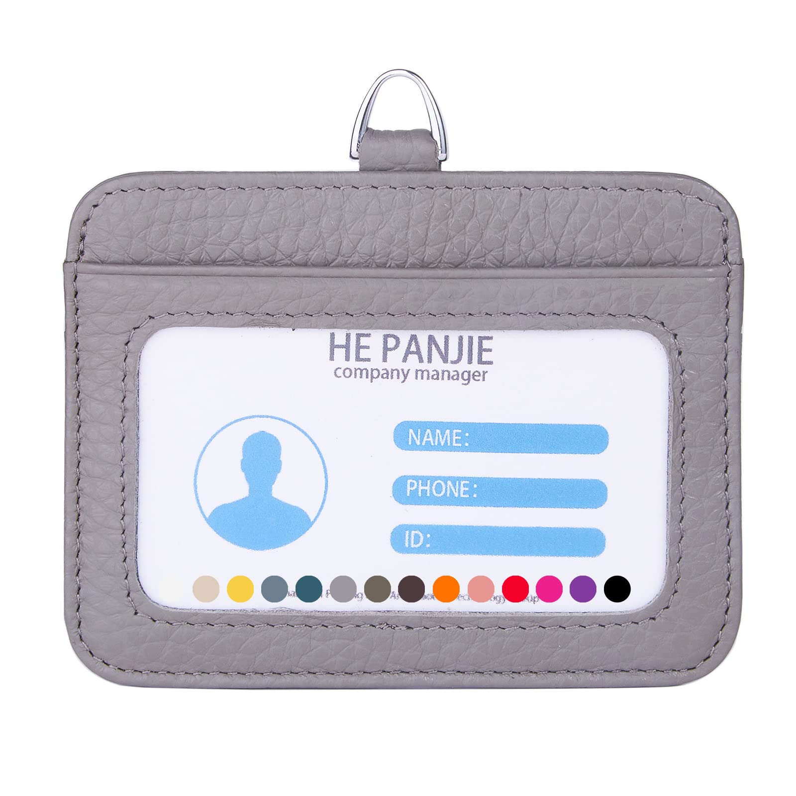 Porta badge in pelle di mucca con cordino (pelle pieno fiore, 7,6 x 11,4 cm), 1 finestra trasparente per ID e 3 scomparti per carte, cordino in nylon con chiusura in metallo girevole e rimovibile