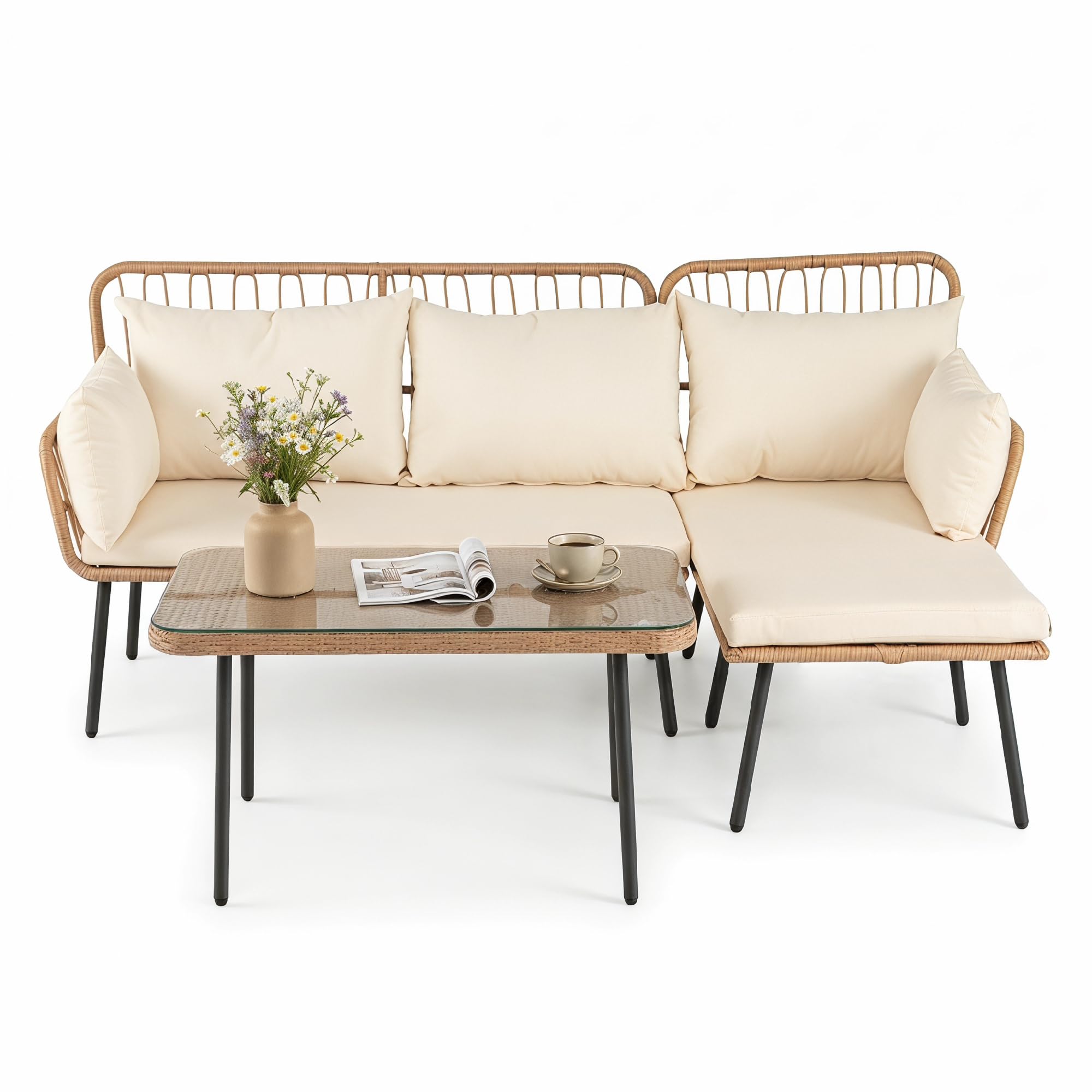 GIANTEX Conjunto de Jardín de Ratán 3 Piezas con Sofá Esquinero | Muebles de Exterior con Cojines y Mesa de Centro con Encimera de Vidrio, para Patio, Piscina y Terraza