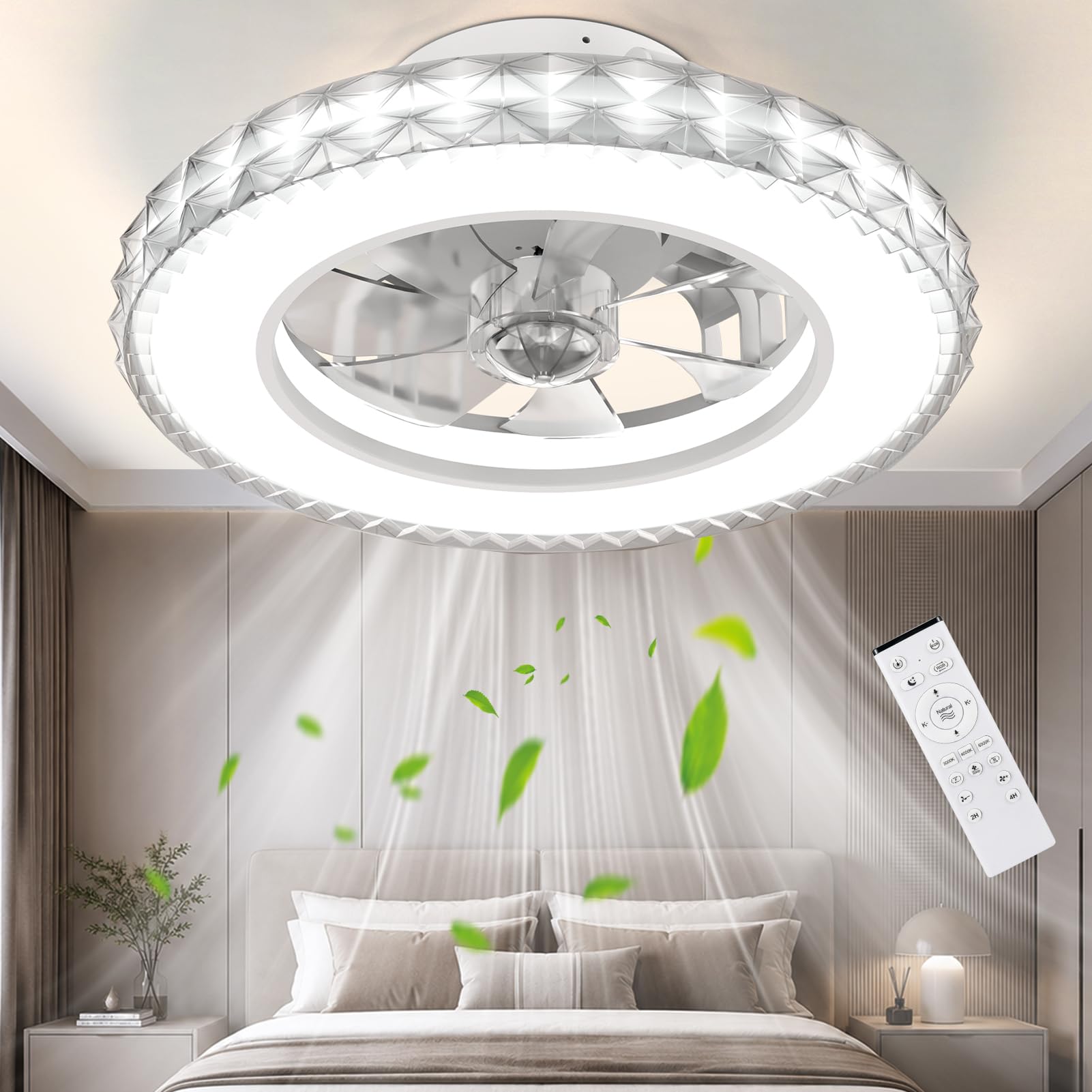 Ateroll Ventilatore da Soffitto con Luce Ø43.5CM, DC 25W LED 25W Dimmerabile 3CCT (3000K-4000K-6500K)+RGB, 6 Velocità, Timer, Memoria delle impostazioni, Adatto per Camera da Letto, Soggiorno