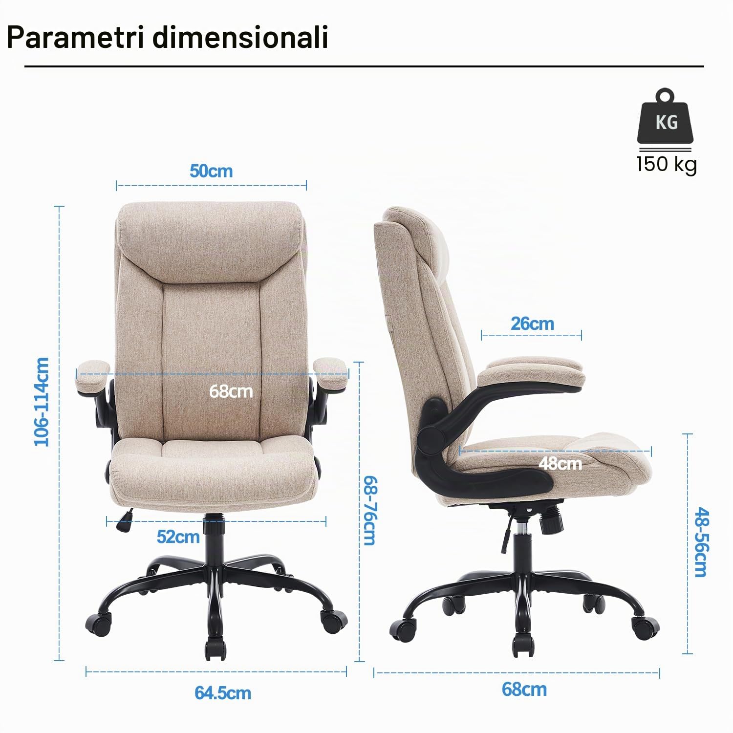 MZLEE Sedia da ufficio ergonomica per computer, sedia da lavoro girevole con braccioli pieghevoli, altezza regolabile, comoda per l'ufficio o giochi a casa (tessuto beige)