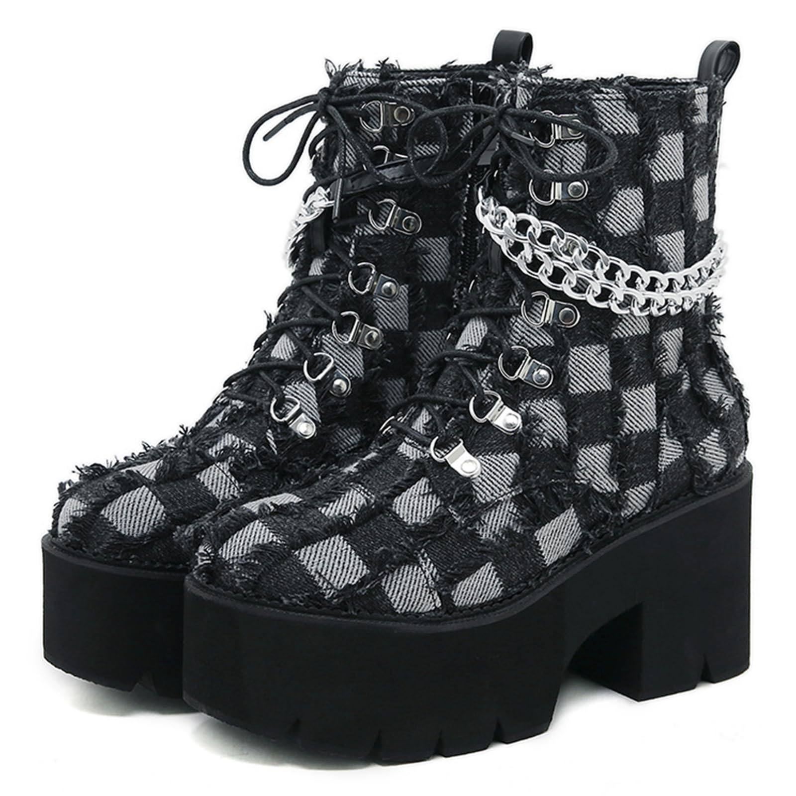 Womens Denim Burrs Lace Up Chunky Heel Platform Y2k Motorcycle Booties Fashion Chain Decor Lug Sole Comfort Combat