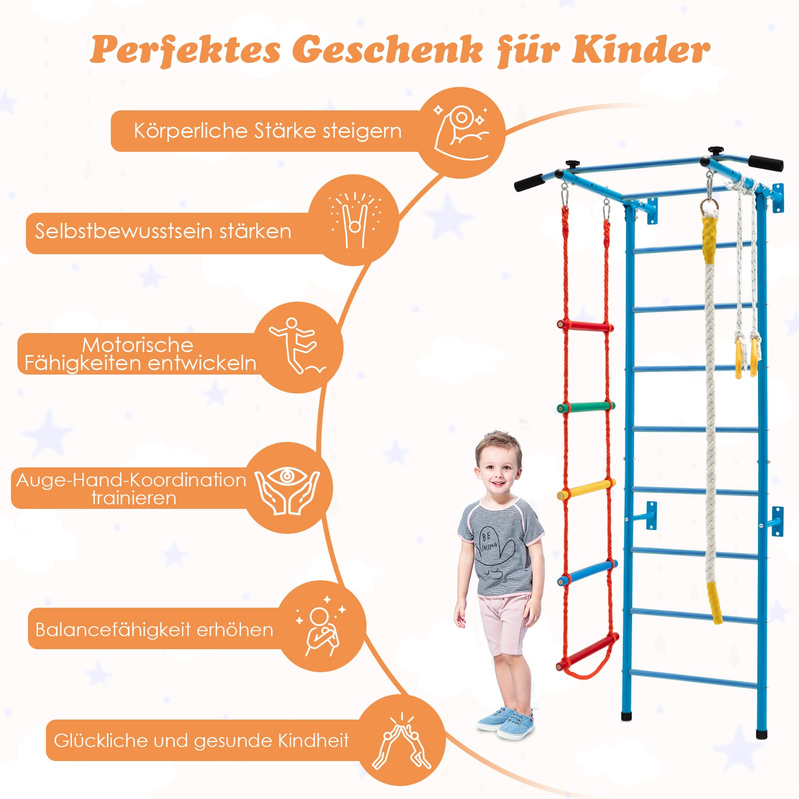 COSTWAY Kinder Kletterwand Sprossenwand Metall, Turnwand Gymnastikgerät Klettergerüst 107x83x223cm, Heimsportgerät für Kinder und Erwachsener bis 100kg