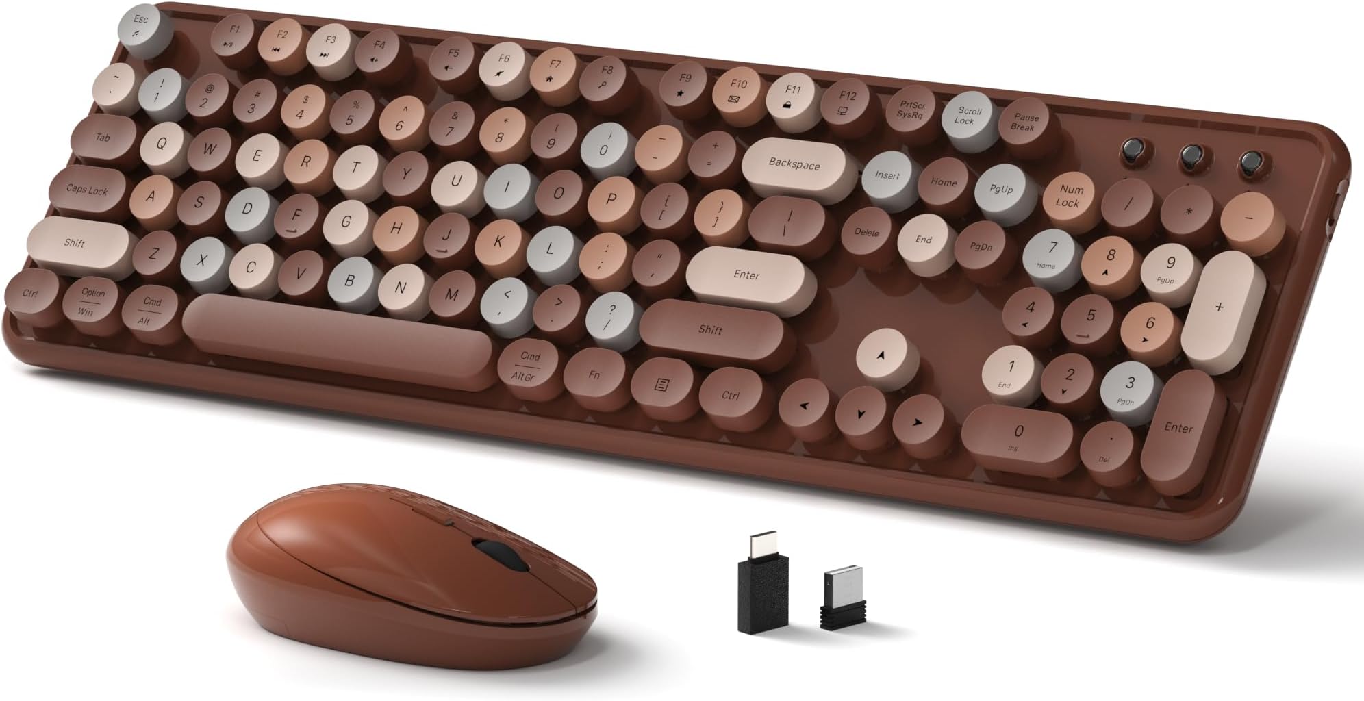 Links9+ Wireless Keyboard and Mouse, Full-Size Retro Typewriter Keyboard with Round Keycaps, 2.4GHz for Windows, Mac, Laptop, PC, Desktop (Coffee Colorful)