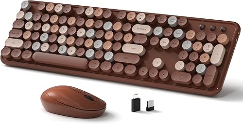 Teclado y mouse inalámbricos, teclado retro de tamaño completo con teclas redondas, 2.4 GHz para Windows, Mac, laptop, PC, escritorio (café colorido)