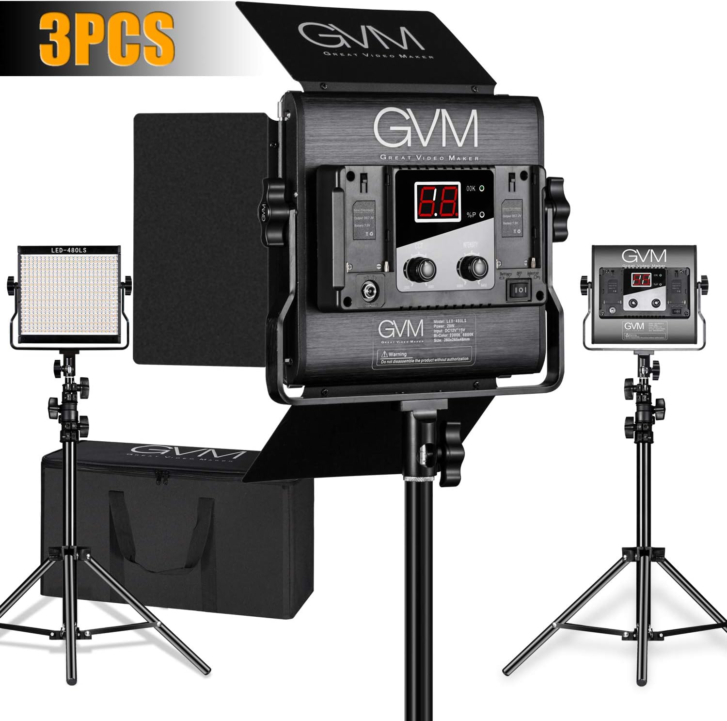 GVM 3 pcs LED Video Lighting kit Panel Color Temperature Upgrade 2300K~6800K with Digital Display for Studio Video CRI TLCI97 + Brightness of 10~100% Metal Housing for Video Photography Lighting