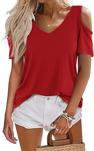 Miniatura 3 de Amoretu Camisas de manga corta para mujer, con hombros descubiertos, cuello en V, túnica