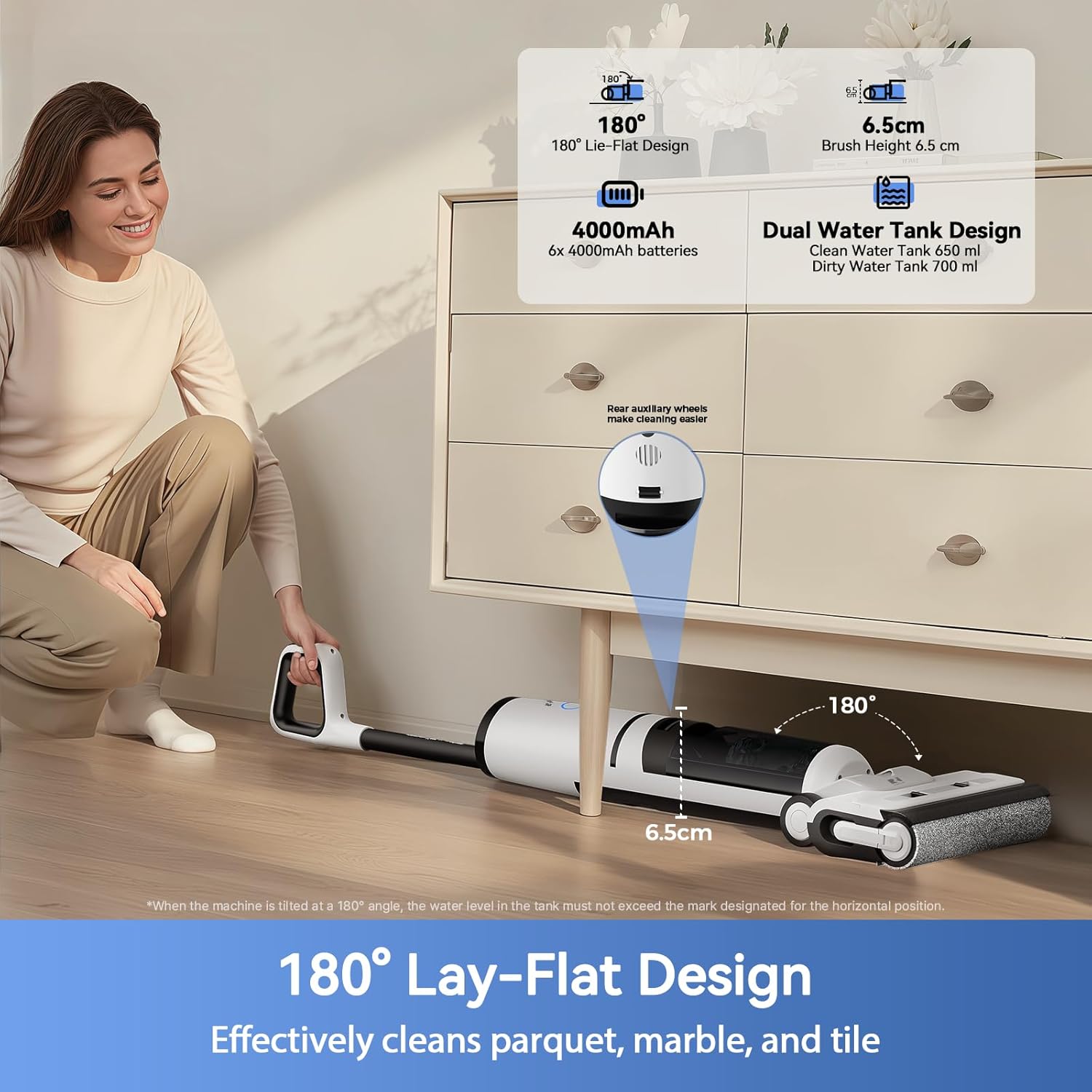 Redroad W15 Pro demonstrating its 180-degree lie-flat design for cleaning under furniture.
