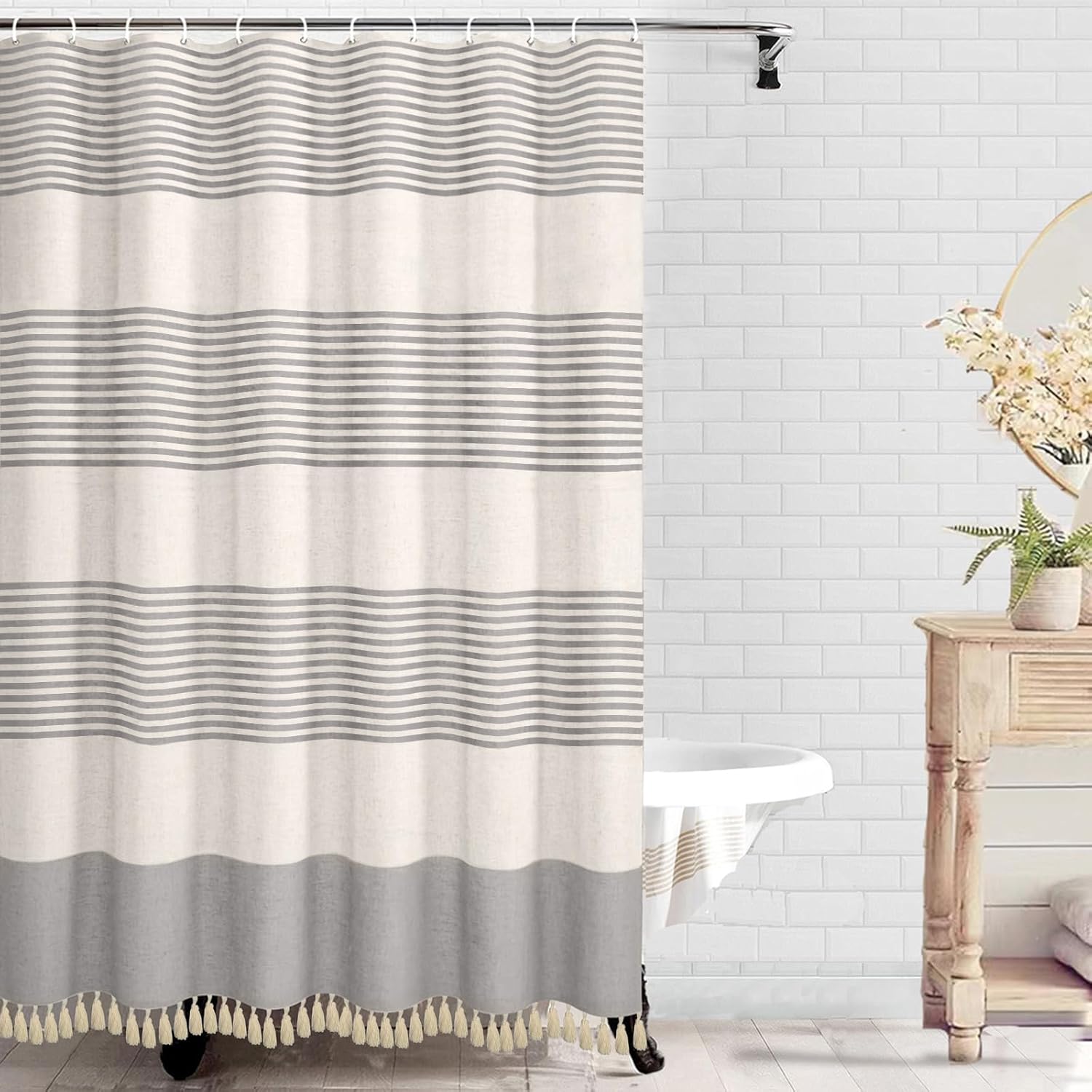 bufftieo Black Shower Curtain for Bathroom Boho Linen Farmhouse Tassel Shower Curtain Set 72" x 96"