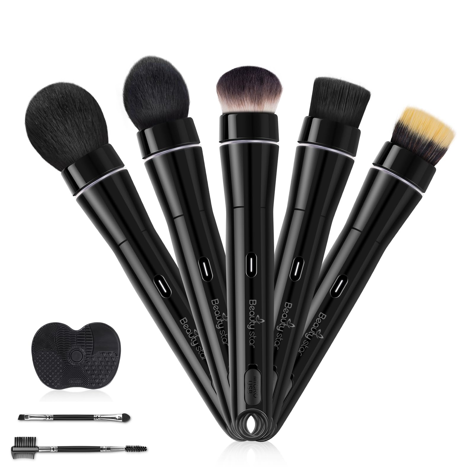 360° Electric Rotating Makeup Brush Set, 5 Vegan Brush Heads, Rechargeable Blending Face Brushes For Foundation, Blush, Powder, Bronzer, Contour,