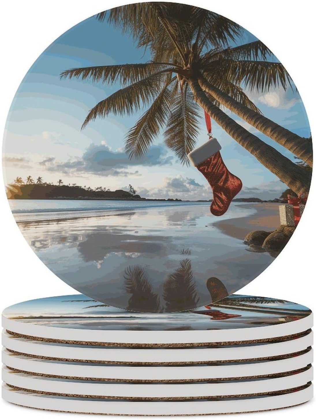 Merry Christmas Palm Tree Coasters Round Coasters Set Ceramic Stone Coaster with Cork Base Coffee Cup Beverage Cup Mat Cute Funny Table Drinks Coaster for Mugs and Cups Office Kitchen