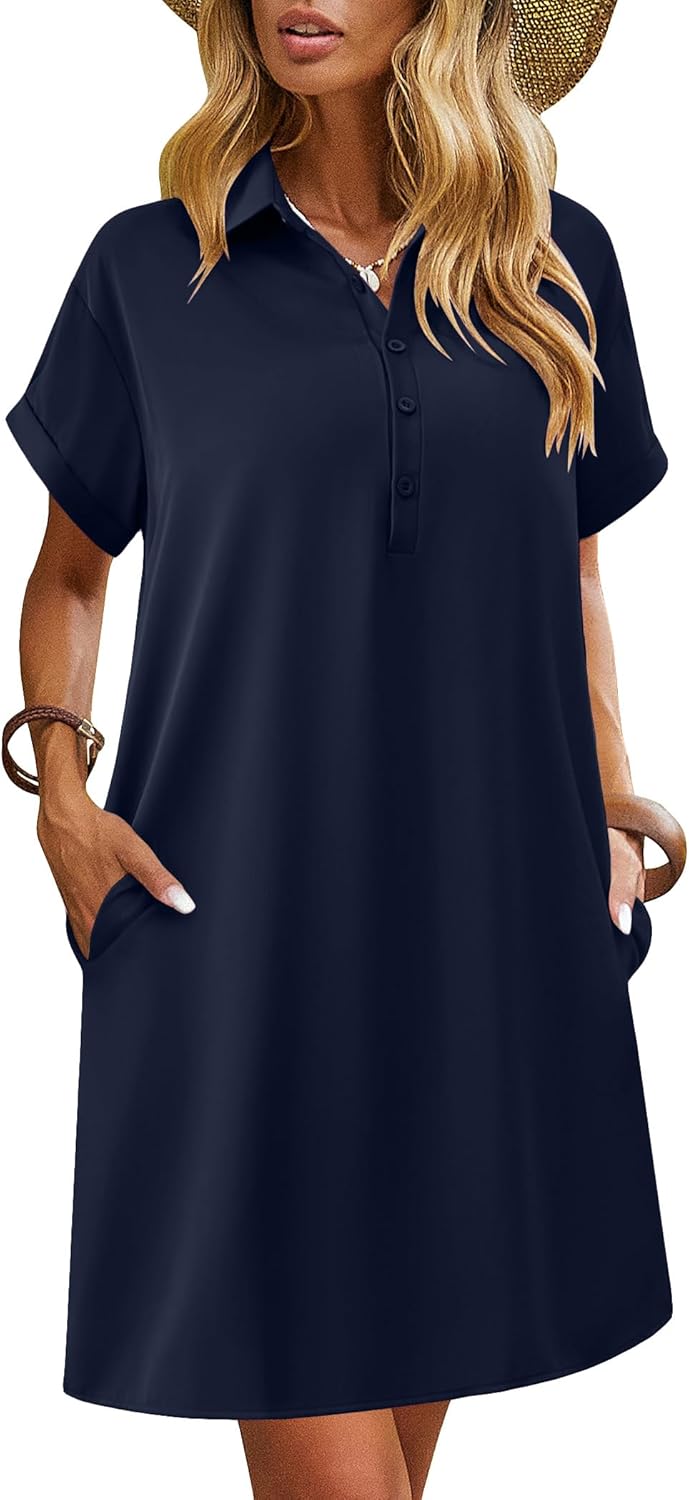 HOTOUCH Womens Summer Shirt Dress 2026 Short Sleeve Floral Shift Dress Casual Loose Flowy Beach Sundress with Pockets