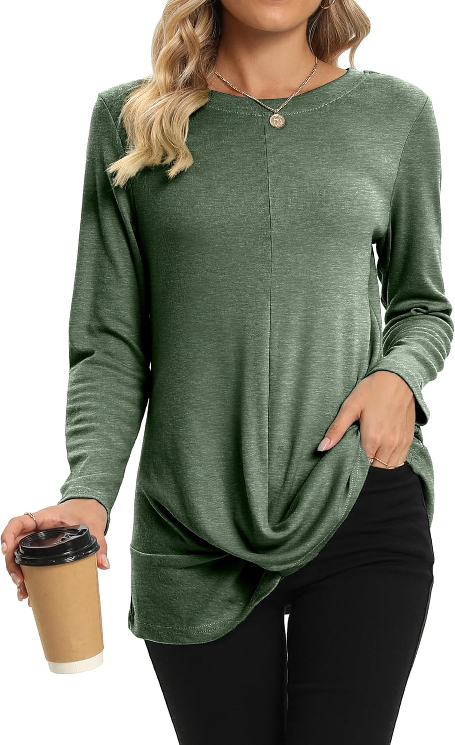 DUSDIMON Women's Crewneck Tunic Tops Long Sleeve Casual TShirts Front Twist for Leggings
