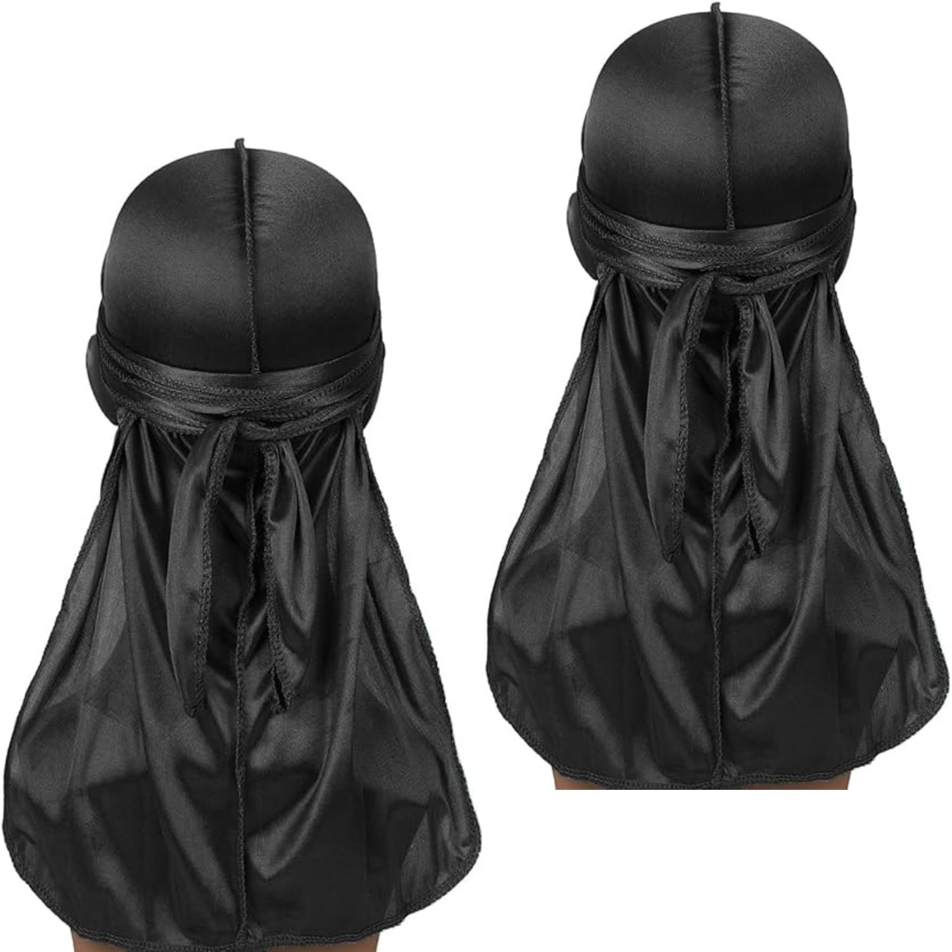 2 x Men's Durag Du-rag Bandana Sports Scarf Head Rap Tie Back Band Biker Cap (Black x 2)