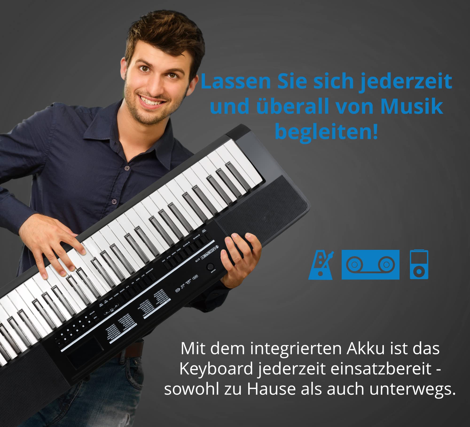 McGrey 6170 Akku-Keyboard Schwarz Safety Fix Set, LC-Display, 200 Sounds | Einsteiger-Keyboard mit 61 Tasten in Standard-Größe, Integrierter Li Ion-Akku mit 1200 mAh, 200 Rhythmen, 70 Demo Songs, 5 cm