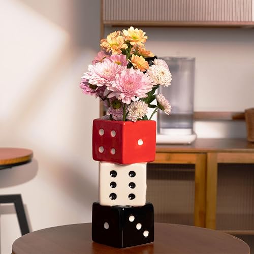MOUGIGI Funky Dice Vase - Unique Ceramic Home Decor for Bars| Stylish Black, White & Red Geometric Design | Perfect for Fresh, Dried, or Artificial Flower Arrangements | Ideal Gift for Art Lovers
