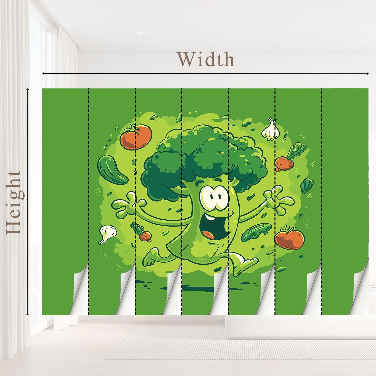 Wanddekoration Fototapete 350 x 256 cm, kindlich Cartoon lebhaft Brokkoli Gemüse Spiele, Wandtapete grün für Kinderzimmer Essbereich Küche, Vliestapete Wandbild als Wanddeko