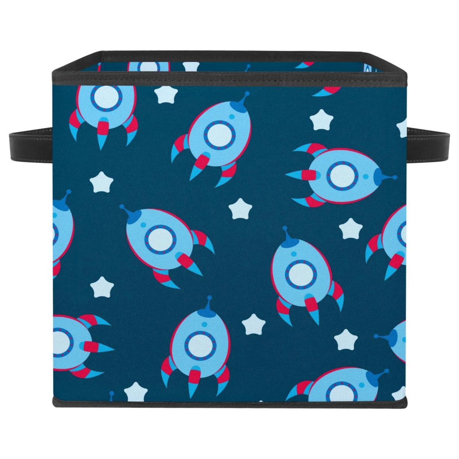 Boîte de rangement pliable en tissu bleu à motif fusées pour chambre d'enfant