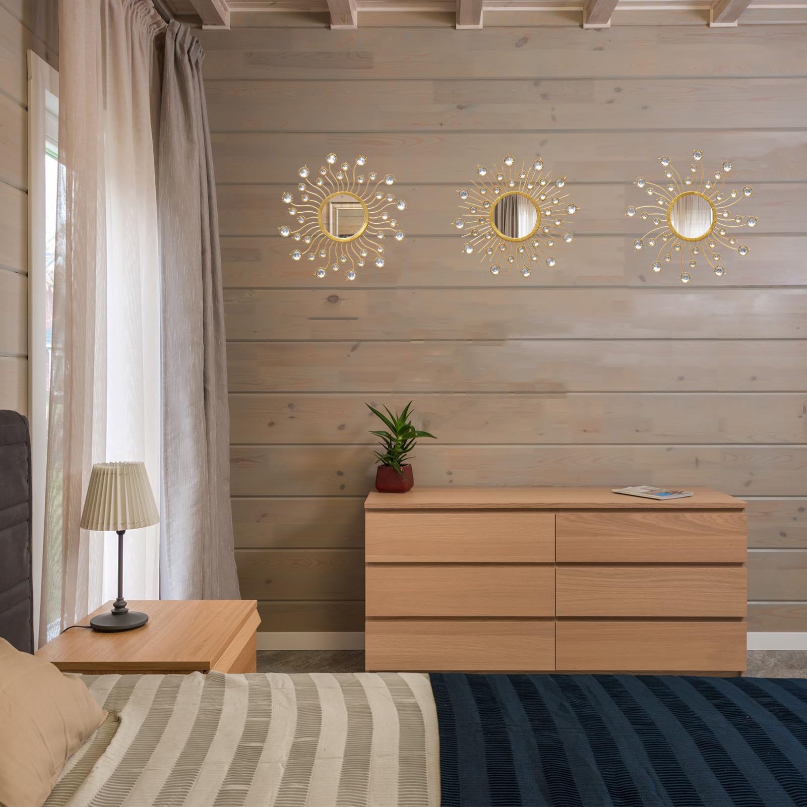 Set di 3 specchi decorativi da parete, motivo a raggi di sole, stile boemio, dorato, decorazione in metallo, specchio da appendere, per soggiorno, camera da letto, bagno, 9,25 x 9,25 pollici