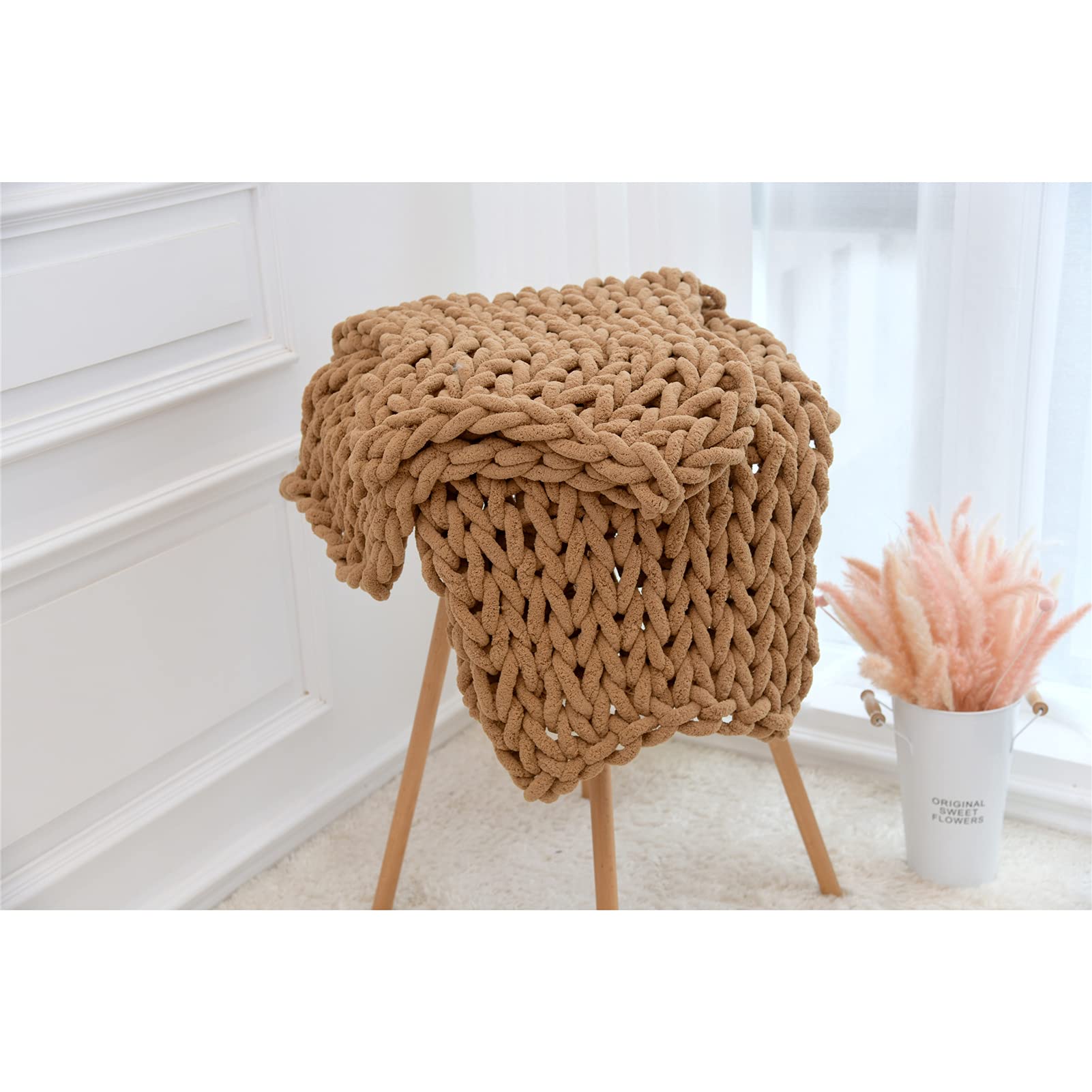 Manta acogedora de punto grueso, manta de felpilla suave tejida a mano para cama, sofá, silla y oficina, decoración del hogar, lavable a máquina, 70 x 80 pulgadas (camello)