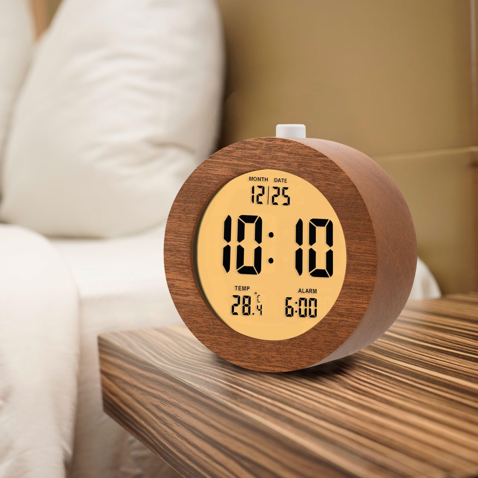 Plumeet Reloj despertador digital de madera para dormitorios, reloj despertador de madera de 4 pulgadas con repetición y luz nocturna, reloj electrónico LCD de escritorio que muestra la hora, fecha,