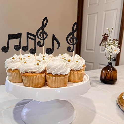 Miniatura 3 de 24 piezas de notas musicales para cupcakes, con purpurina negra, símbolos musicales para magdalenas para música rock, concierto, tema de baby