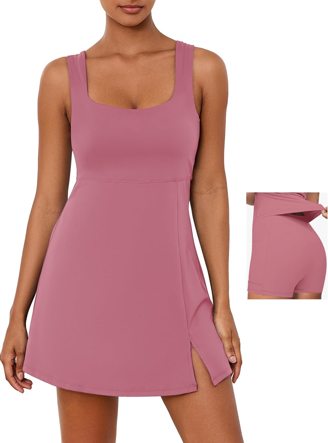 Desol Square Neck Tennis Dress with Pockets for Women Sleeveless Built in Shorts Athletic Dress Side Slit Golf Active