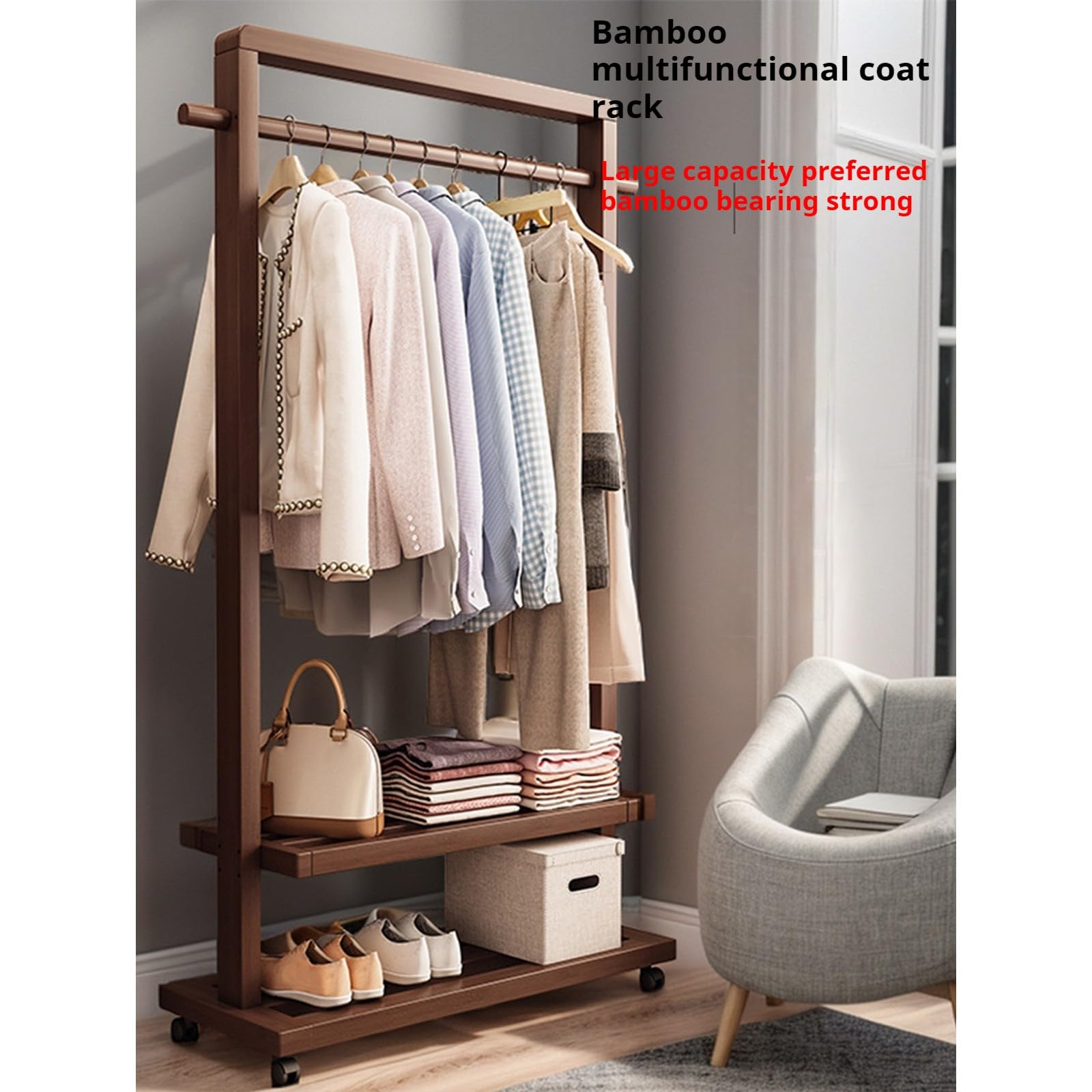 Perchero de madera maciza, perchero de bambú, perchero portátil con estante de almacenamiento y ruedas para colgar ropa, zapatos y ropa, adecuado para entrada, dormitorio, sala de estar Walnut,105