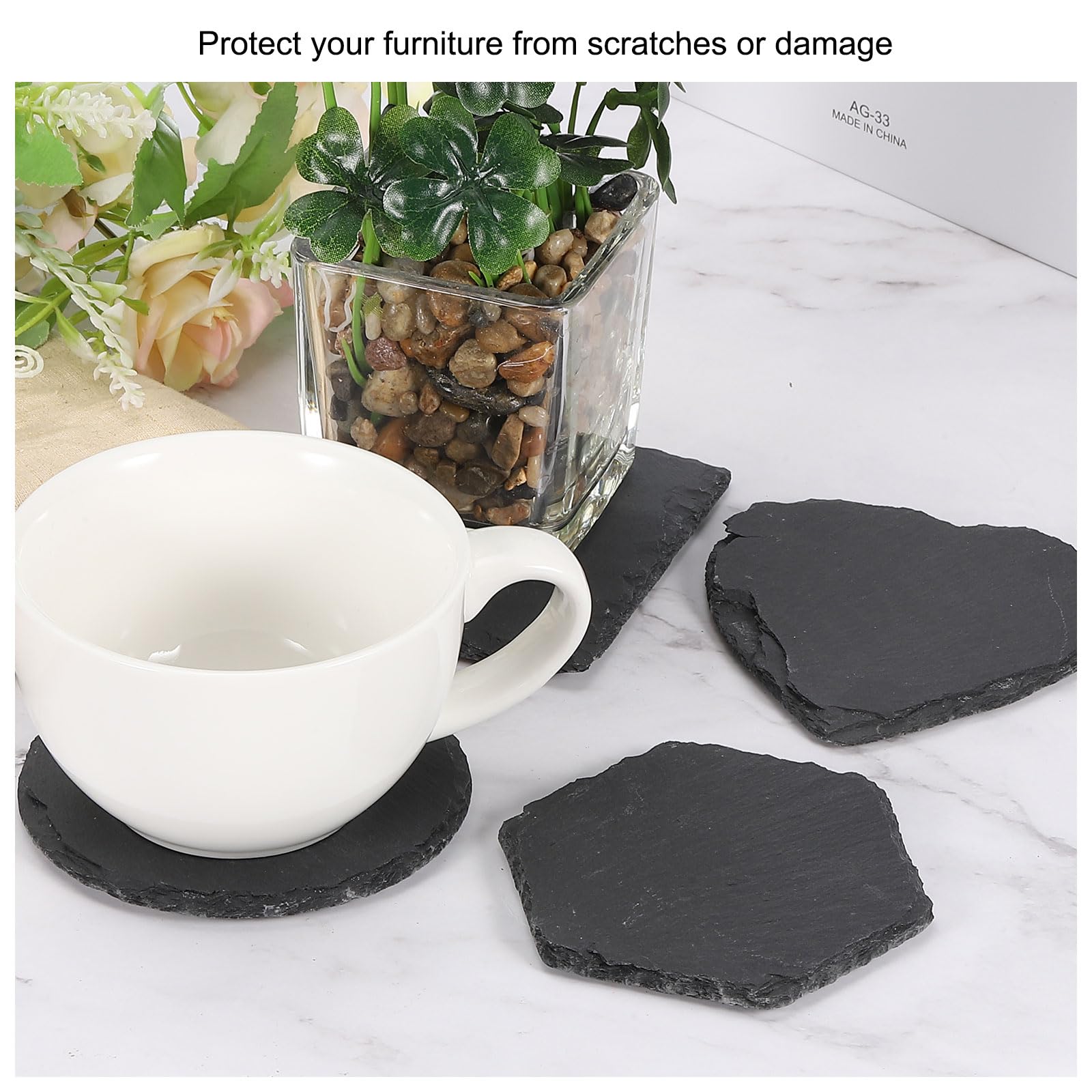 QUARKZMAN Posavasos de Pizarra, 12 PCS 4 x 4 Pulgadas - Posavasos Cuadrados de Piedra para Grabar Hechos a Mano con Base Antideslizante para Bebidas Café Bar Decoración del Hogar (Negro)