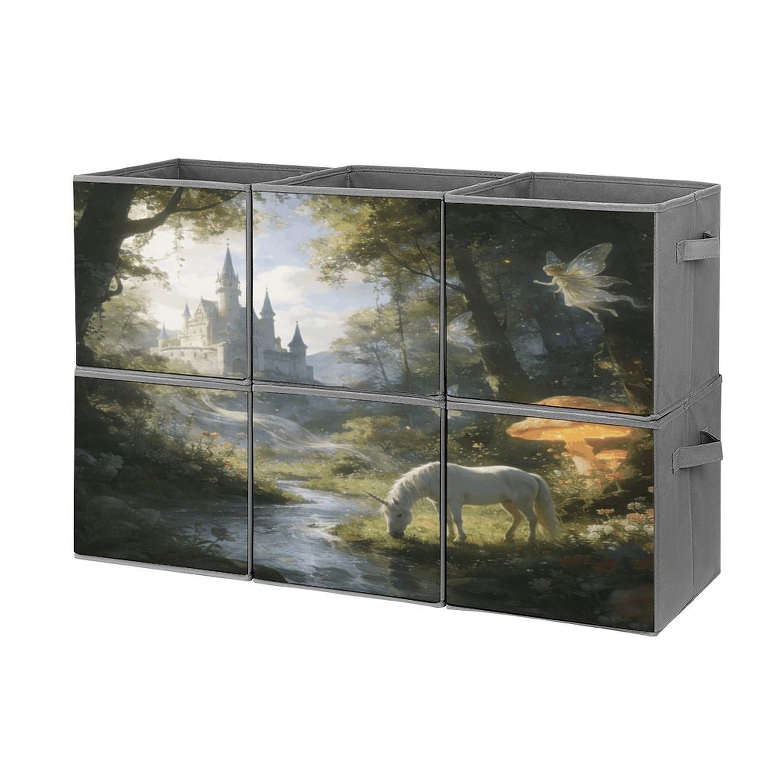 Fodpand Style Forest Fairy Castle Cube Bins With Double Handles,Set Of 6 Cube Organizer, Stackable And Foldable Storage Bins For Organization, Closet, Shelves, Offices