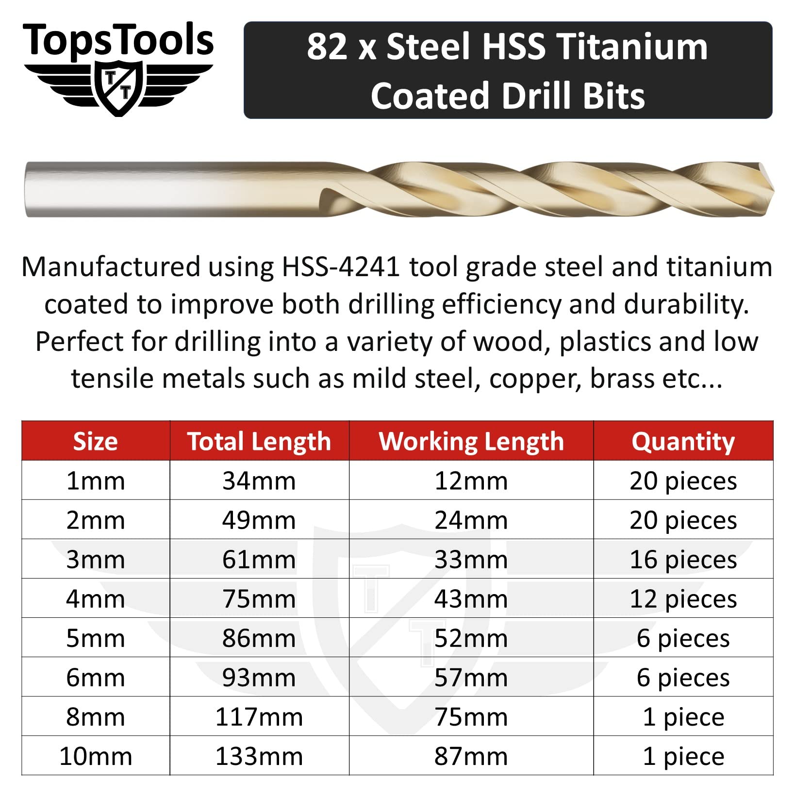 TopsTools 151pcs TT151TW 1mm 10mm Legno Cemento Mattone Punte trapano | Mixed HSS, carbide masonry e brad-point legno bits offrono durevole foratura across metallo, masonry, legno e plastica