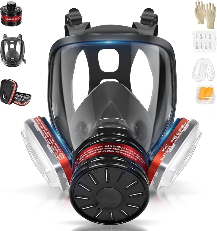 Full Facepiece with Filters, Earplug, & Gloves - Protection Against Painting, Gas, Dust, Chemicals, Organic Vapors, Welding, Polishing, Spraying
