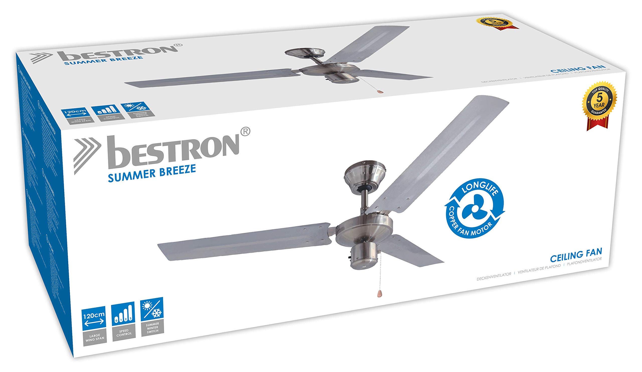Bestron Ventilateur de Plafond Silencieux avec Grande Envergure de Pales de Ø 120 Cm, 3 Niveaux de Vitesse, Fonction Été & Hiver, 60 Watts, Couleur: Argent