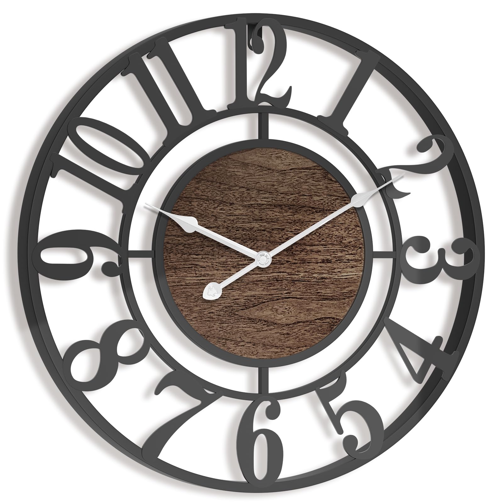Pytha Sight Brown Large Wall Clock For Living Room,40Cm Black Skeleton Modern Big Silent Vintage Walnut Wood Arabic Numerals Wall Clocks For Kitchen,Bedroom, Office, Fireplace, Classroom Home Decor