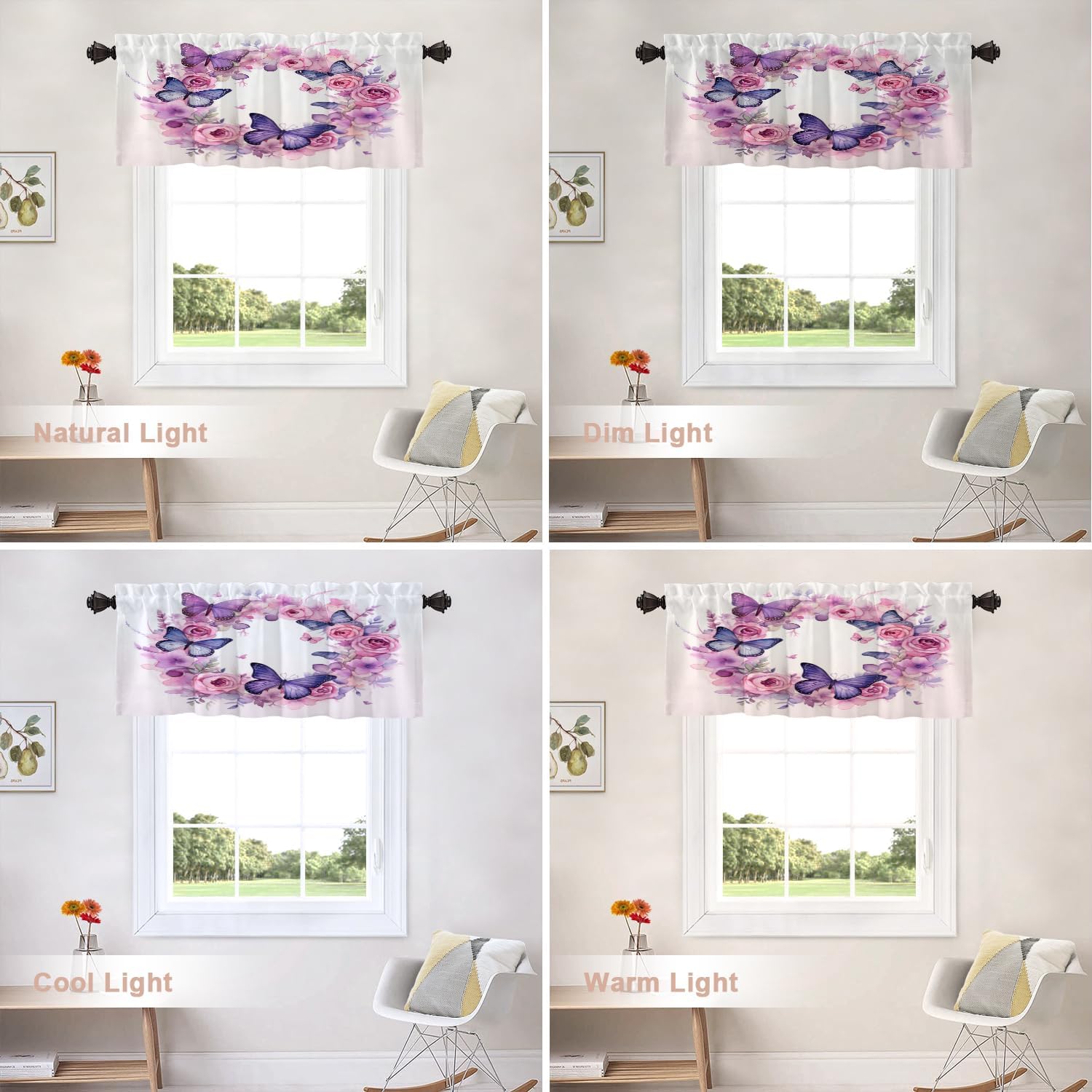 Shrahala Floral Wreath Butterflies Kitchen Valances, A Colorful Flower Wreath Butterflies Half Window Curtain Window Treatment Multilayer Polyester Blackout for Living Room Bathroom 2 Pack 52 x 18 in