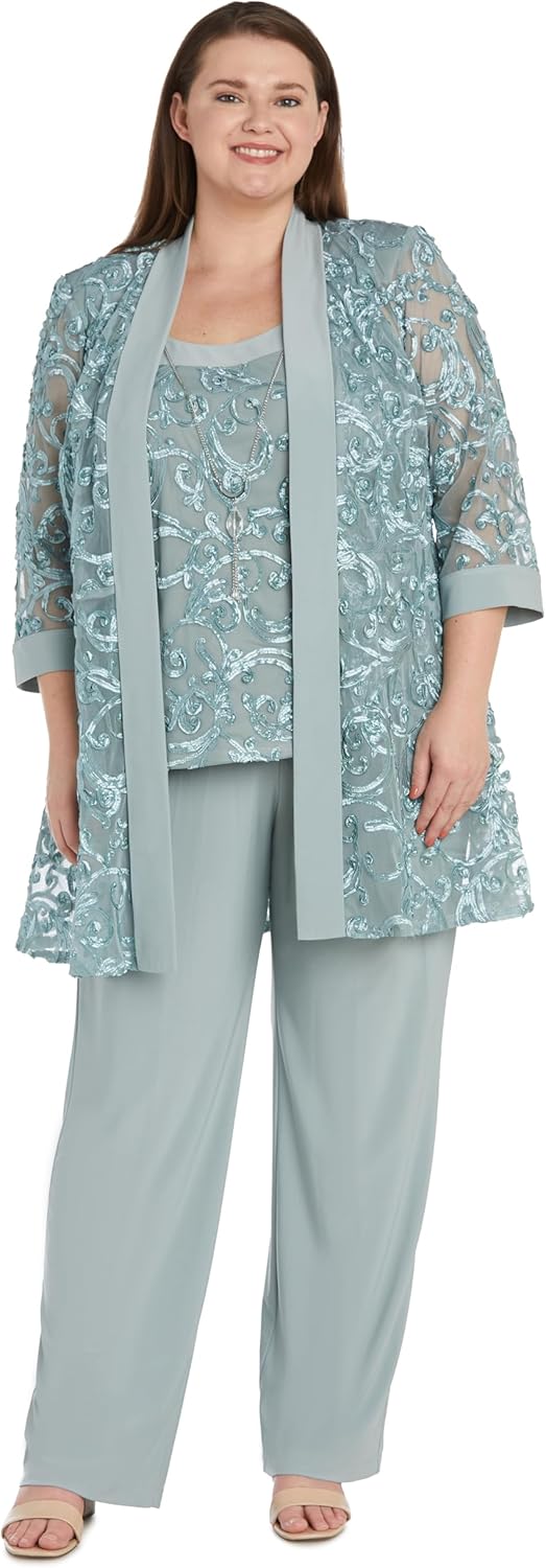R&M Richards Women's Elegant Dressy Pants Suit Set | 2-Piece Formal Outfit W/Mesh Jacket Over Mock Top, Trousers & Necklace