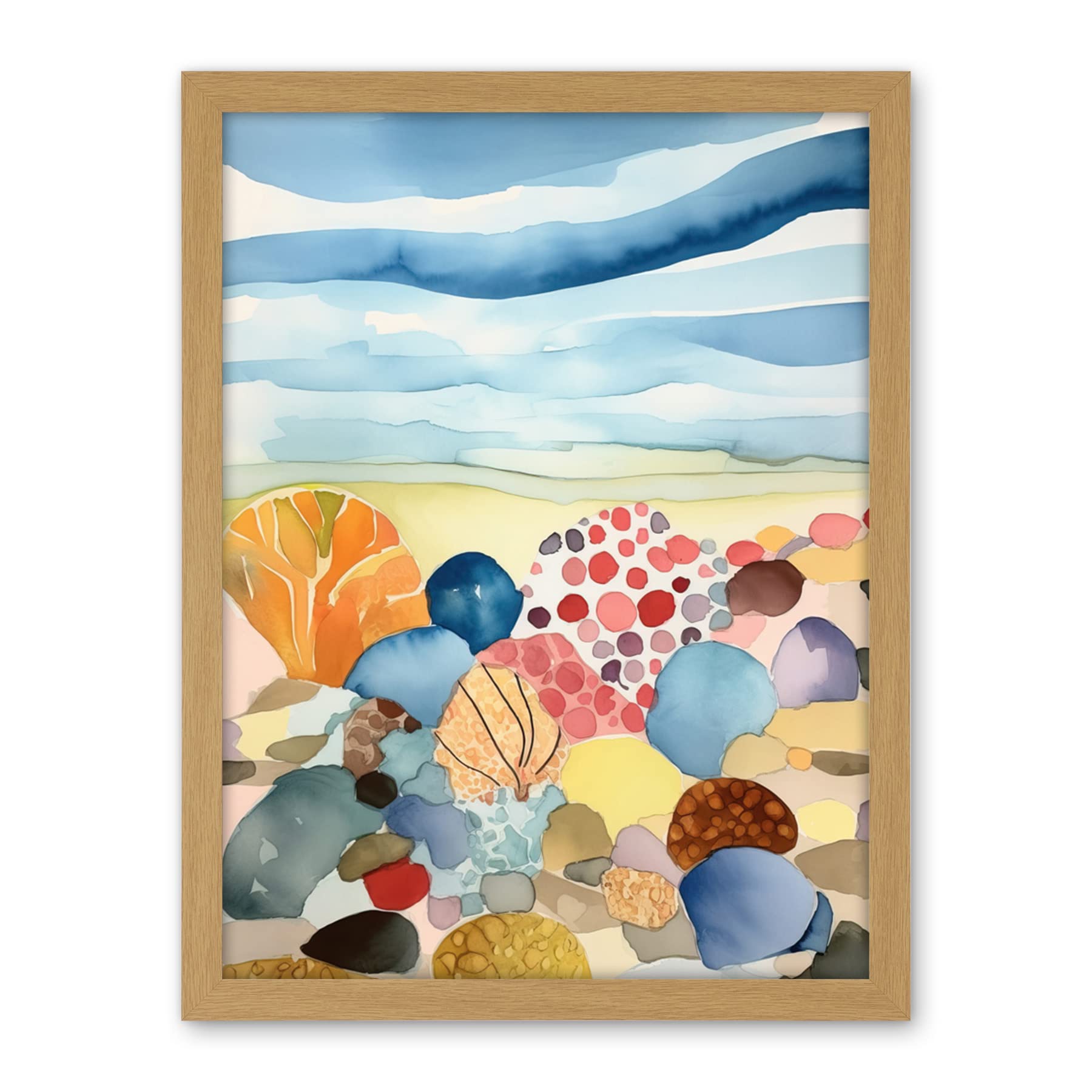 Artery8 Seaside Beachcombing Colourful Seashells And Beach Pebbles Watercolour Painting Artwork Framed Wall Art Print 18X24 Inch