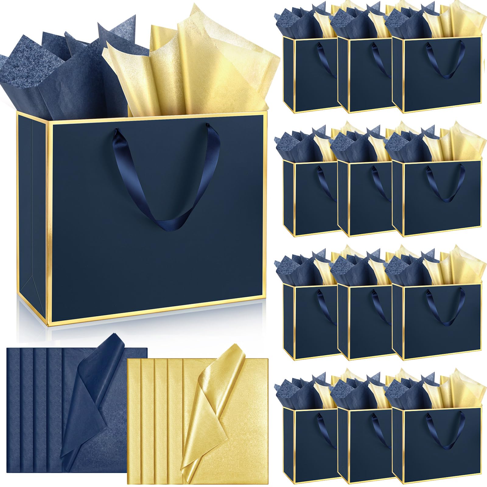 ReliThick 24 Pack Paper Gift Bag with Handles &amp; Tissue, Navy Blue Gold