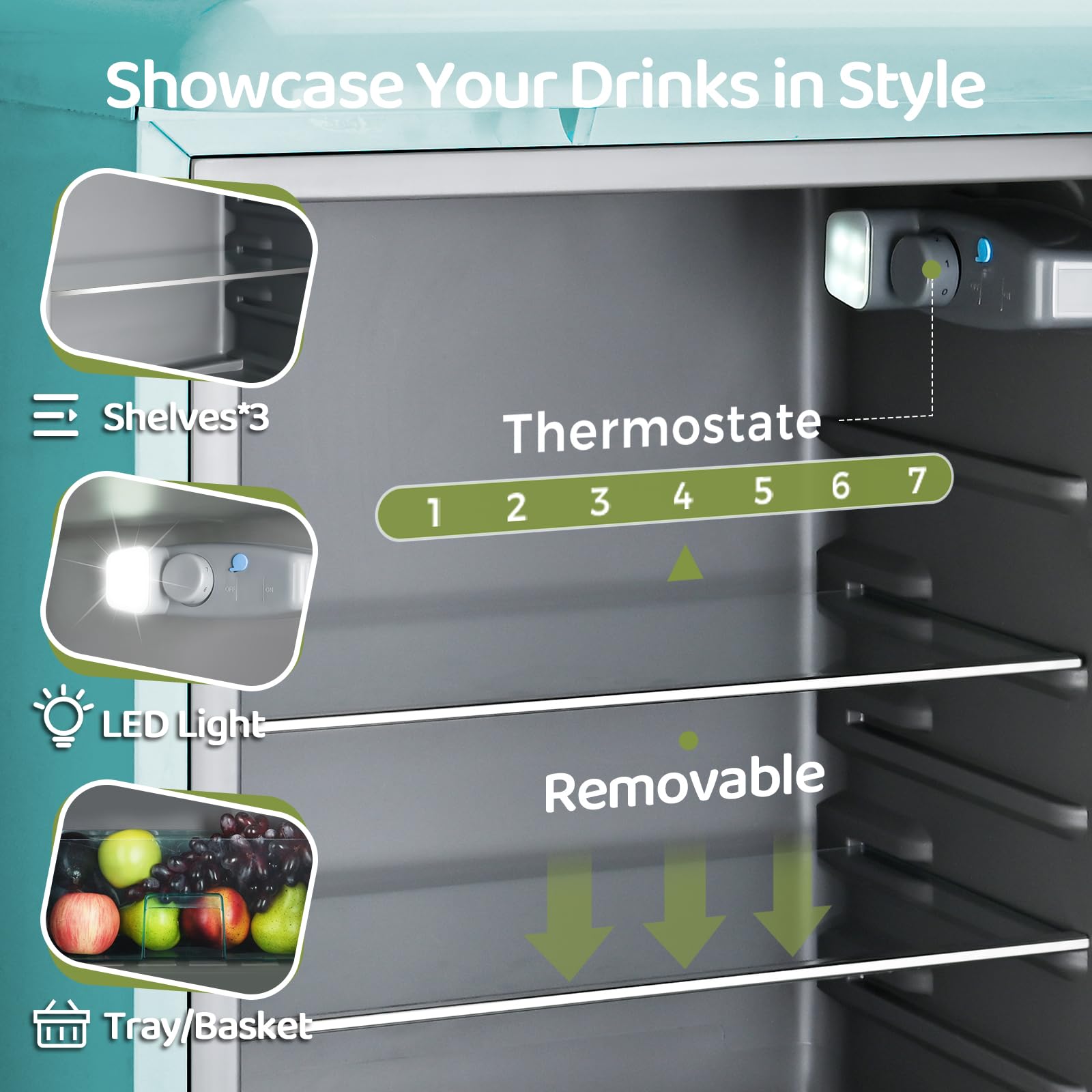 Anypro 4.9 Cu.Ft Retro Small Beverage Refrigerator Cooler With Double Tempered Glass Door, 120 Can Wine Drink Beer Mini Fridge For Office Bedroom Bar With 7 Temperatures, Adjustable Shelves, Blue on Fridge.com - View 4