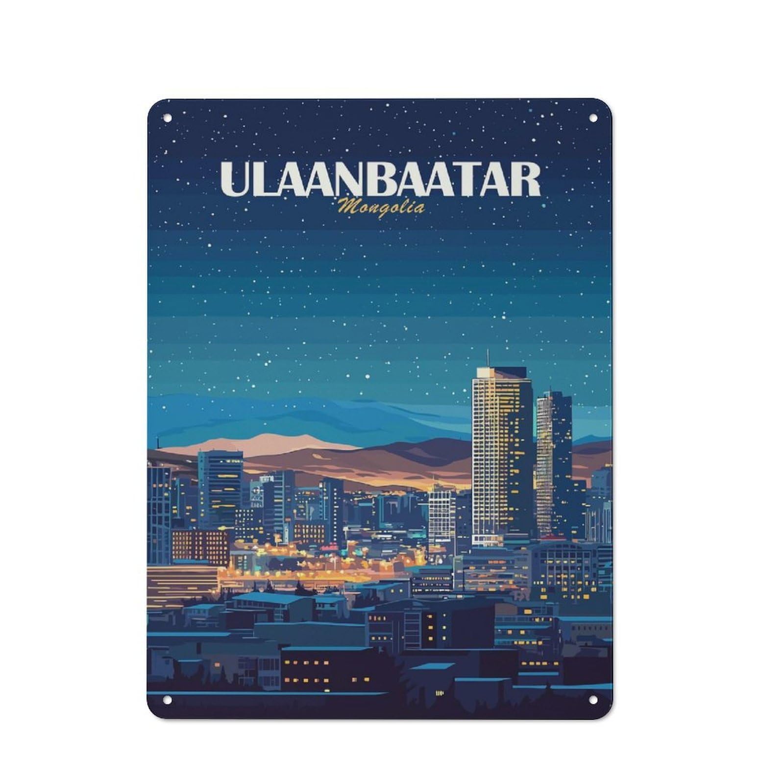Junmoney Style-1 Ulaanbaatar Mongolia Cityscape At Night Decorative Tin Sign 40X30cm, Distressed Look Vintage Wall Decor For Lounge, Study, Pub Or Wall Gallery