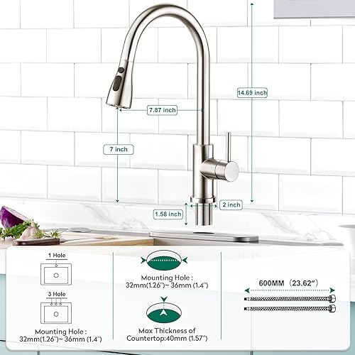 Miniatura 6 de CREA Grifo de fregadero de cocina, grifos de cocina extraíbles con rociador, 3 modos, grifo de lavandería de níquel cepillado, grifo de fregadero de