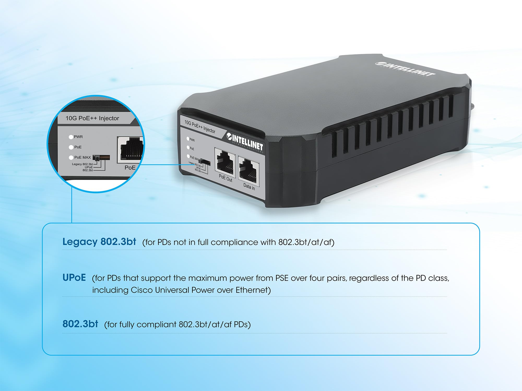 Intellinet 10G Poe++ Injector – 95W Power Over Ethernet Output, Supports Up to 328ft, 10GBASE-T RJ45 Ethernet Port, Wall Mountable, Rubber - 3 Yr Mfg Warranty – 561945